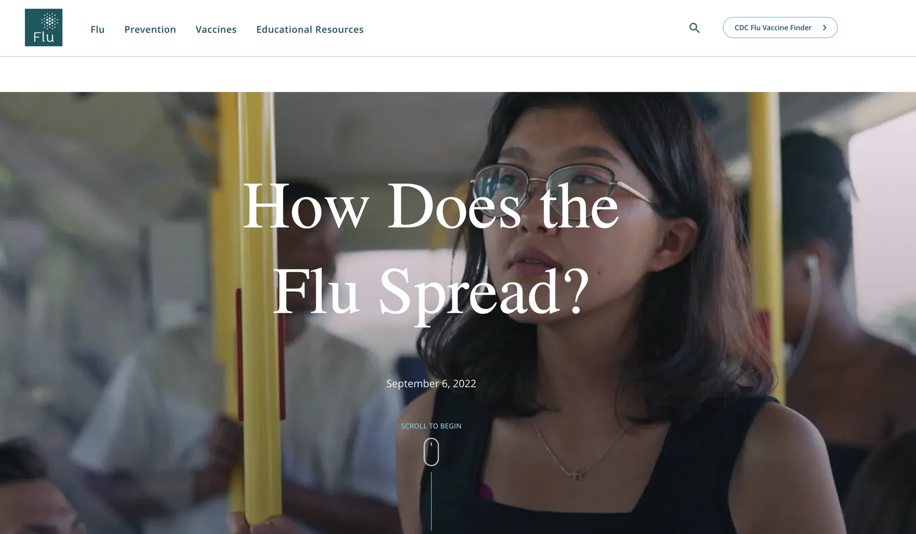 Flu.com interactive article: How Does the Flu Spread?, with a woman riding a crowded bus