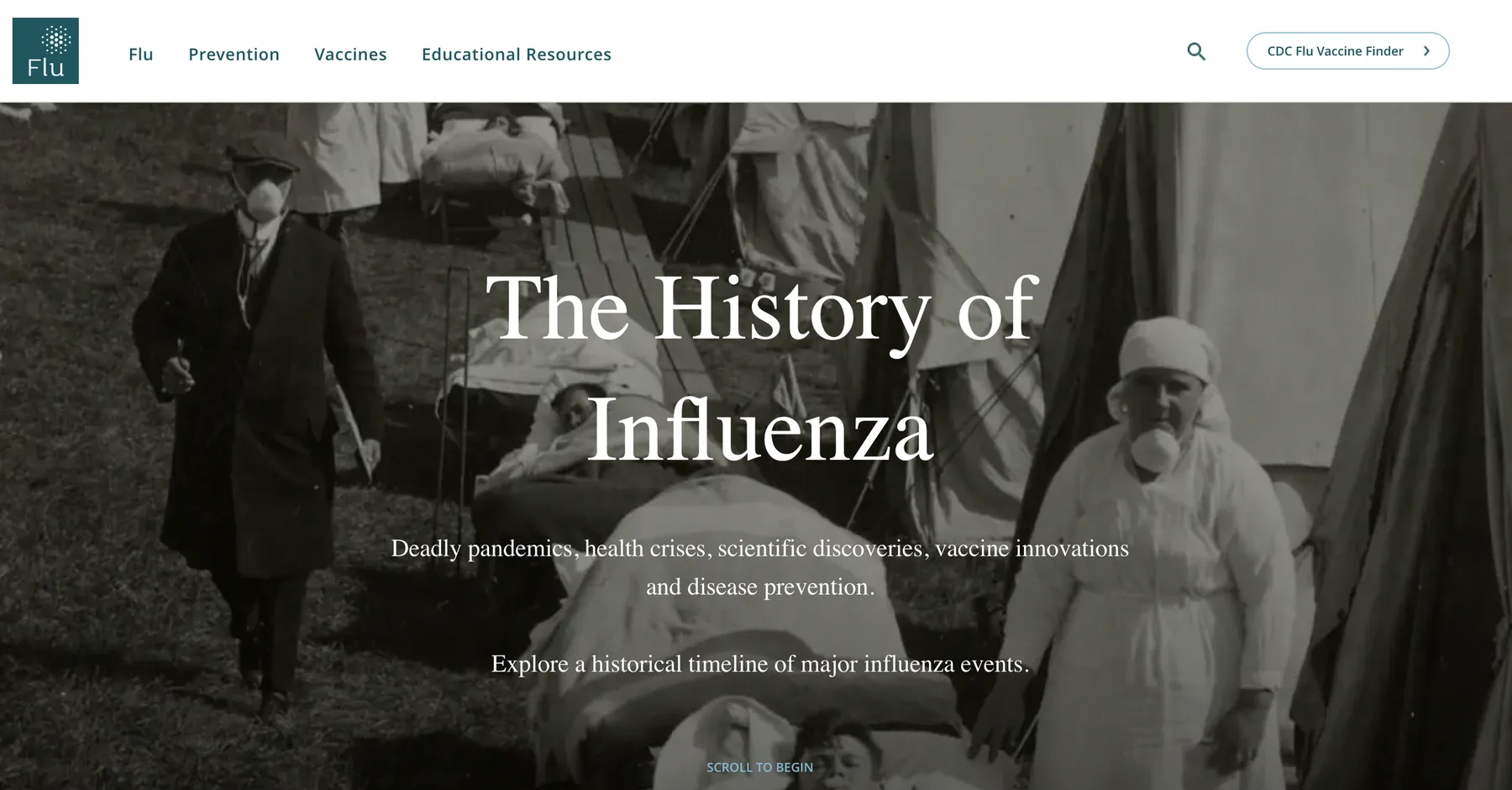Flu.com interactive article: The History of Influenza, over an archival photo of a 1918 field hospital