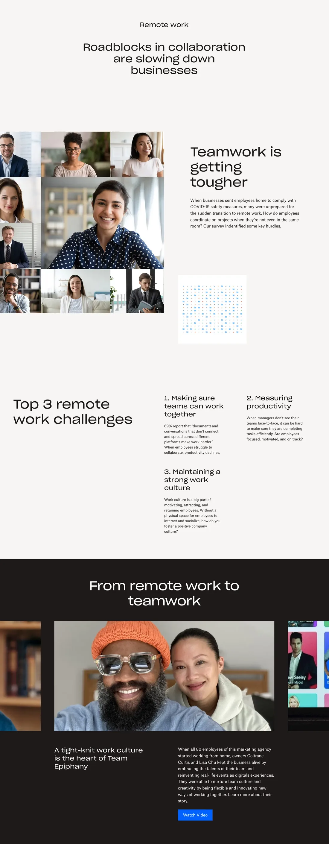 Experience Dropbox article page: Roadblocks in collaboration are slowing down businesses, with the top 3 remote work challenges
