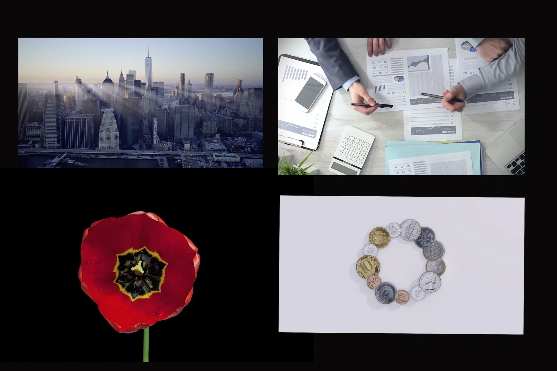 Four frames from the Deloitte videos: a city skyline, financial reports on a desk, a red tulip, and coins arranged in a circle