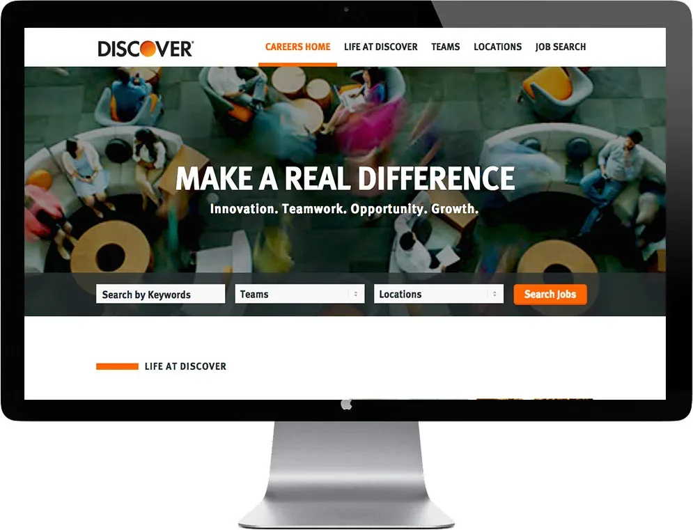 Discover careers site on a desktop monitor: Make a Real Difference. Innovation. Teamwork. Opportunity. Growth.