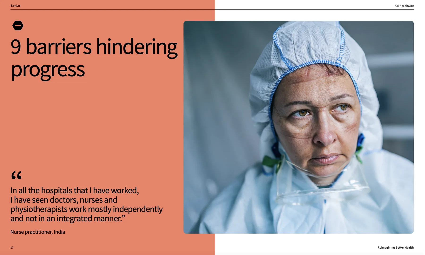 Report spread: 9 barriers hindering progress, with a portrait of a nurse and a quote from a nurse practitioner in India