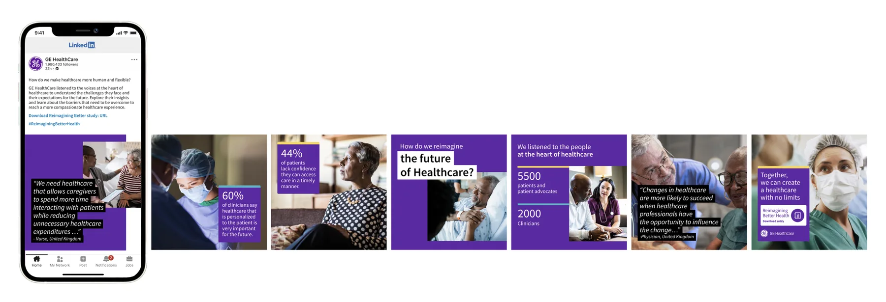 LinkedIn carousel posts with patient and clinician statistics and quotes