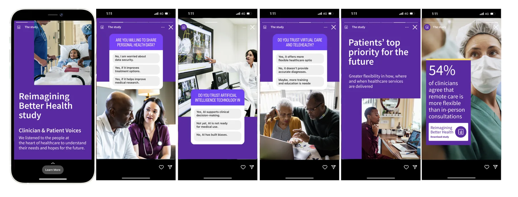 Instagram story sequence with polls on health data, AI, and telehealth