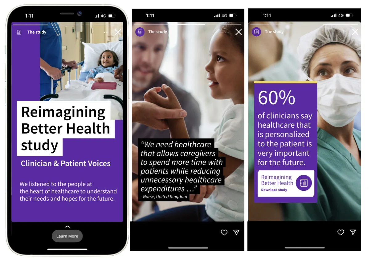 Three Instagram stories: study title, a nurse’s quote, and a 60% clinician statistic