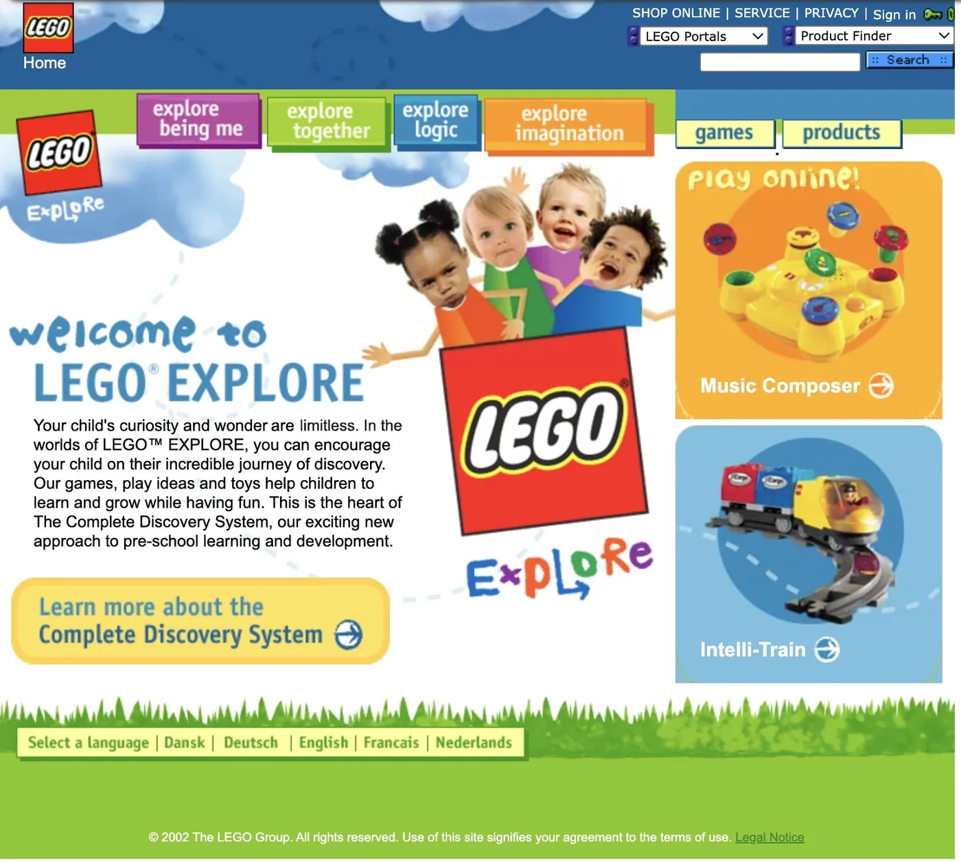 LEGO Explore website home page: Welcome to LEGO Explore, with children climbing out of a LEGO box and links to the four worlds