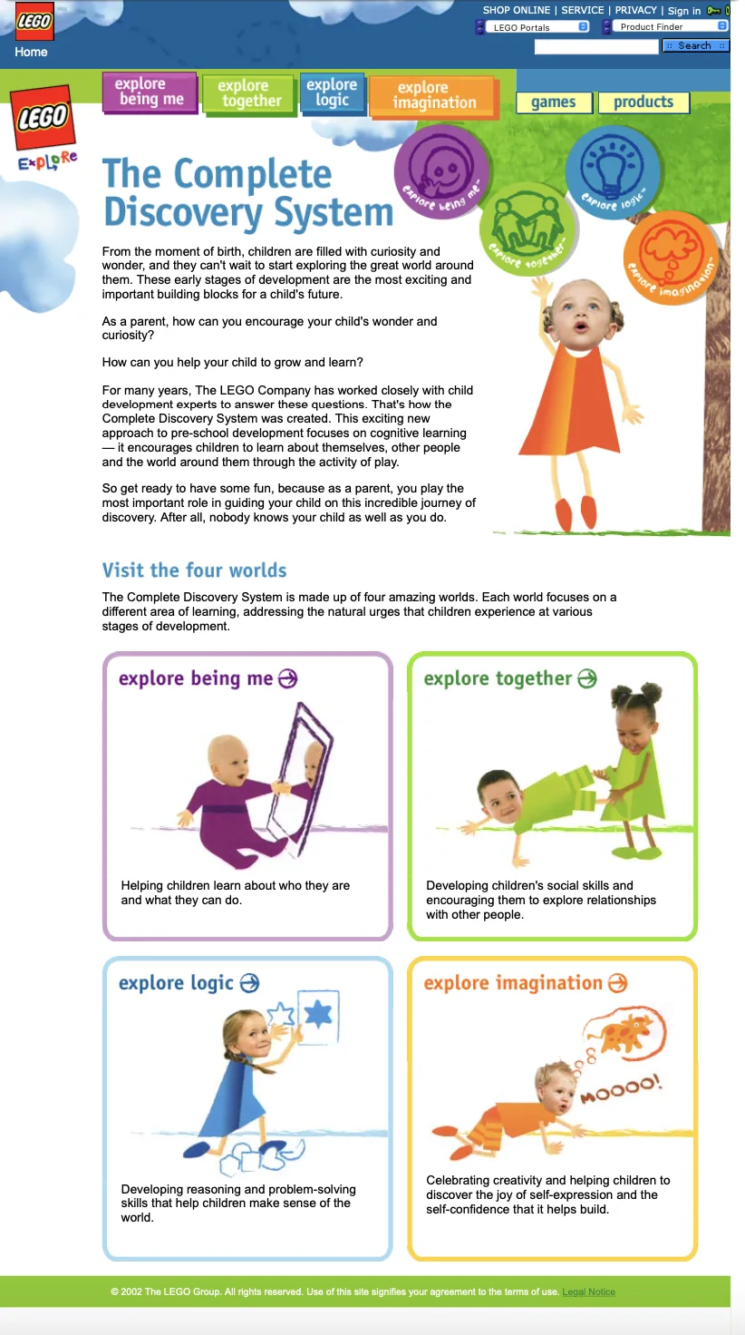 The Complete Discovery System page introducing the four worlds: explore being me, together, logic, and imagination