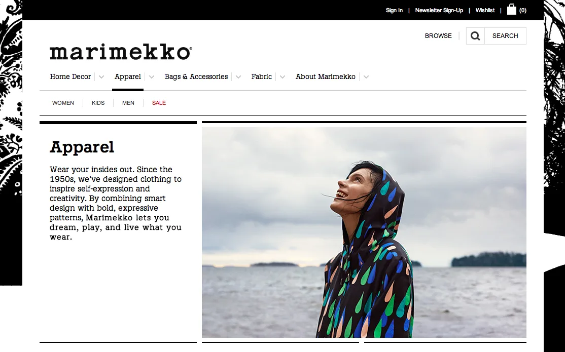 marimekko U.S. website Apparel page: Wear your insides out, with a woman in a raindrop-print raincoat by the sea