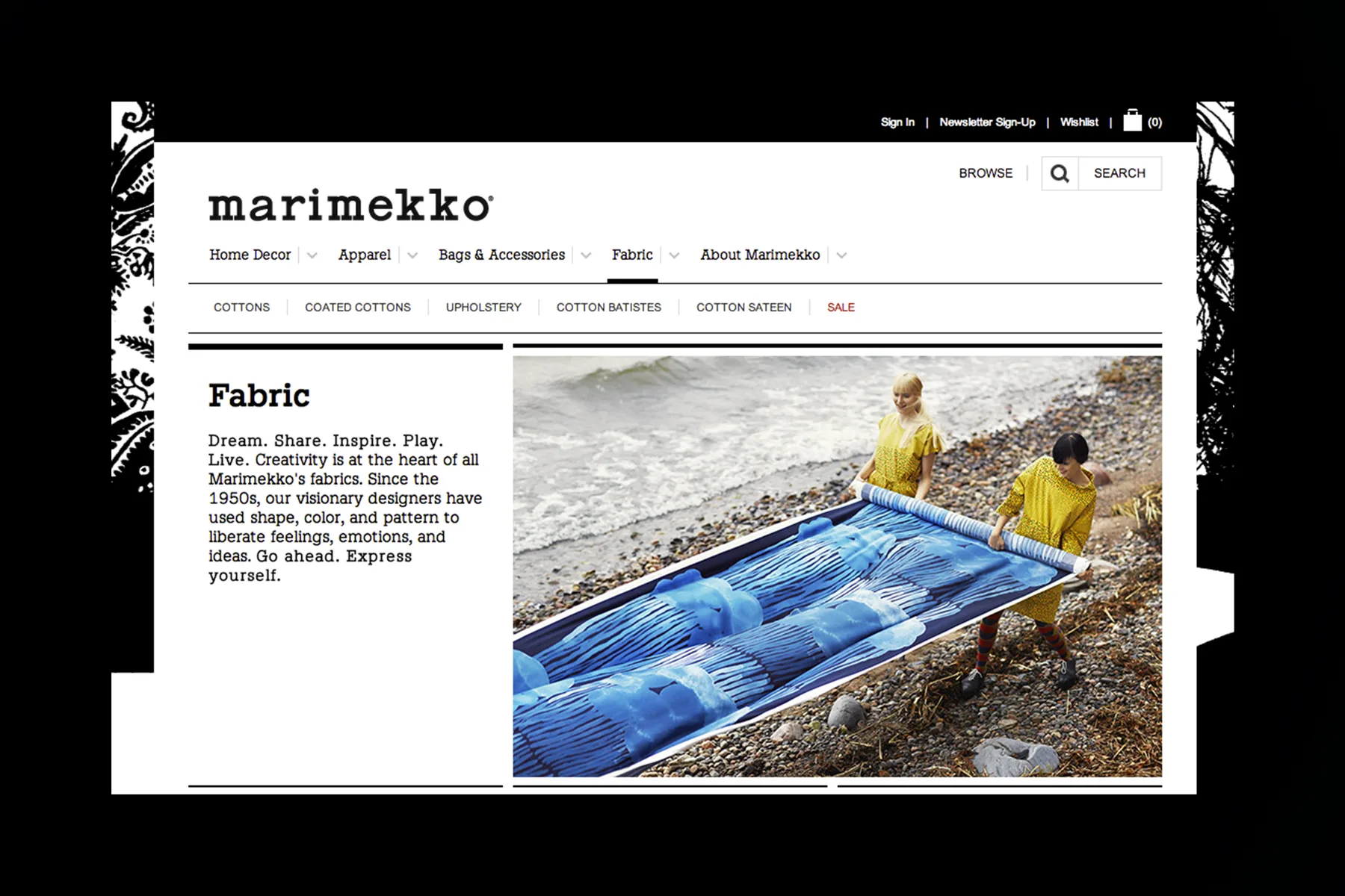 Fabric page: Dream. Share. Inspire. Play. Live. with two women unrolling printed fabric on a beach