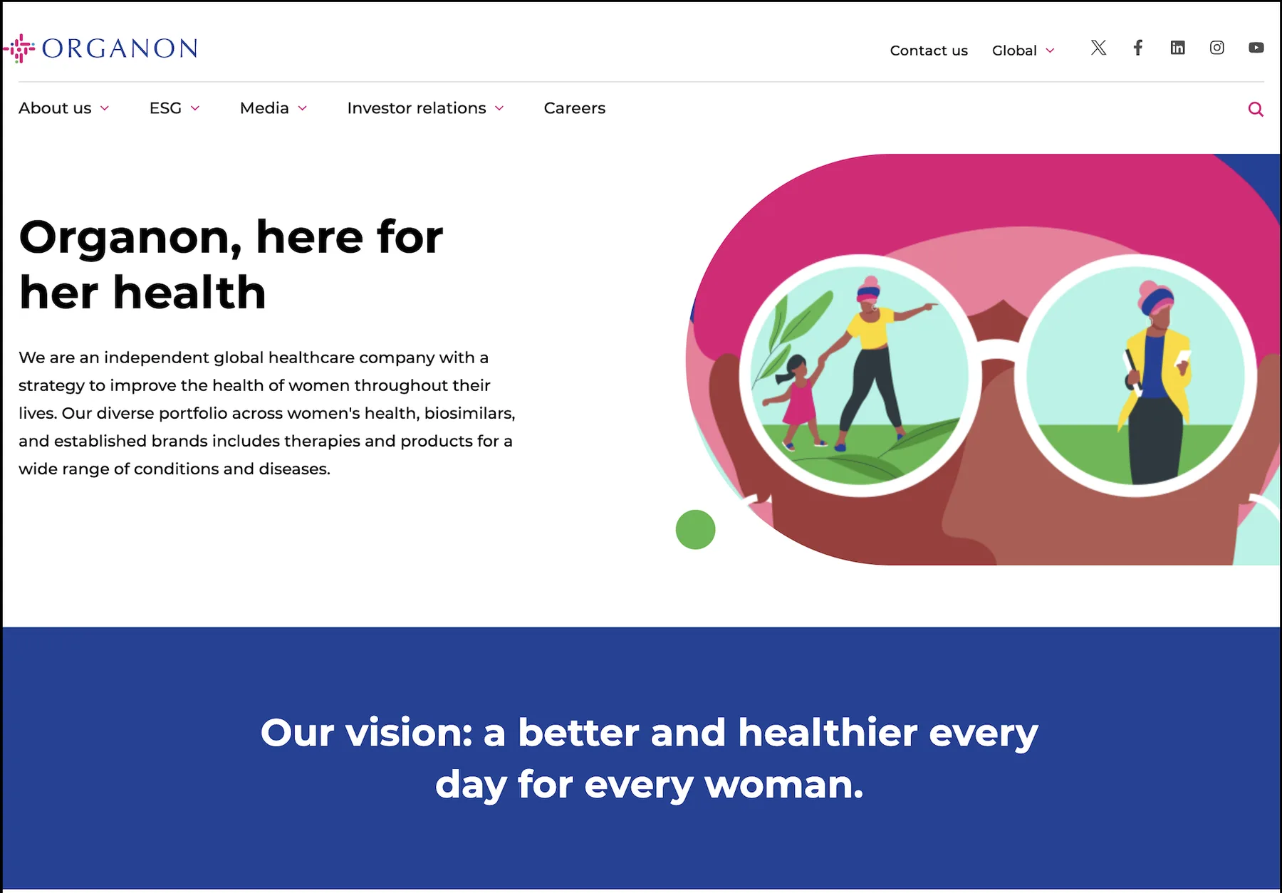 Organon website home page: Organon, here for her health. Our vision: a better and healthier every day for every woman.