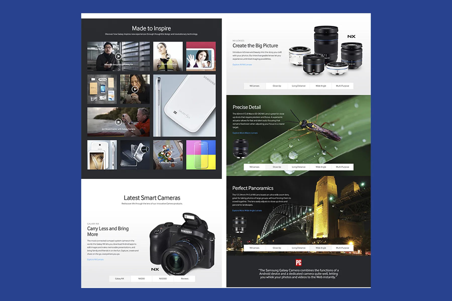Samsung.com camera pages: Made to Inspire video grid, Latest Smart Cameras, and NX lens storytelling