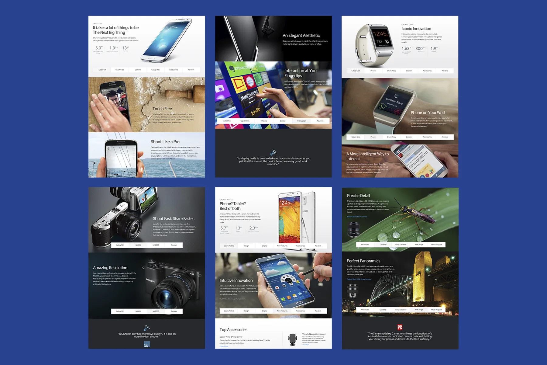 Six Samsung.com product pages including Galaxy S4, ATIV One, Galaxy Gear, NX cameras, and Galaxy Note 3