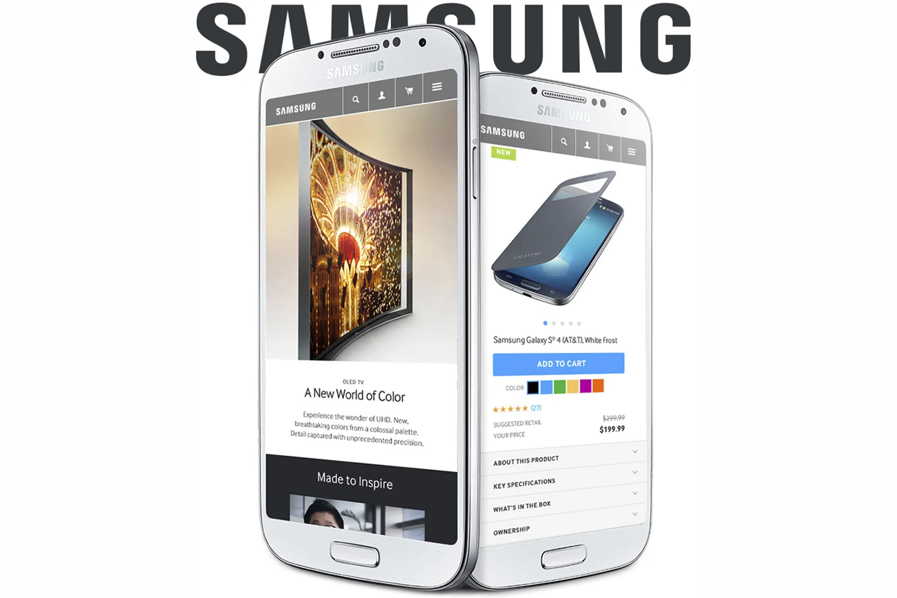 Samsung.com on two phones: an OLED TV story page and a Galaxy S4 product page with Add to cart