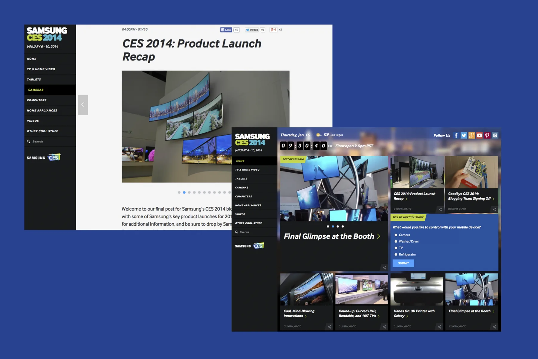 Samsung CES 2014 blog on desktop: product launch recap article and the live home page with countdown and poll