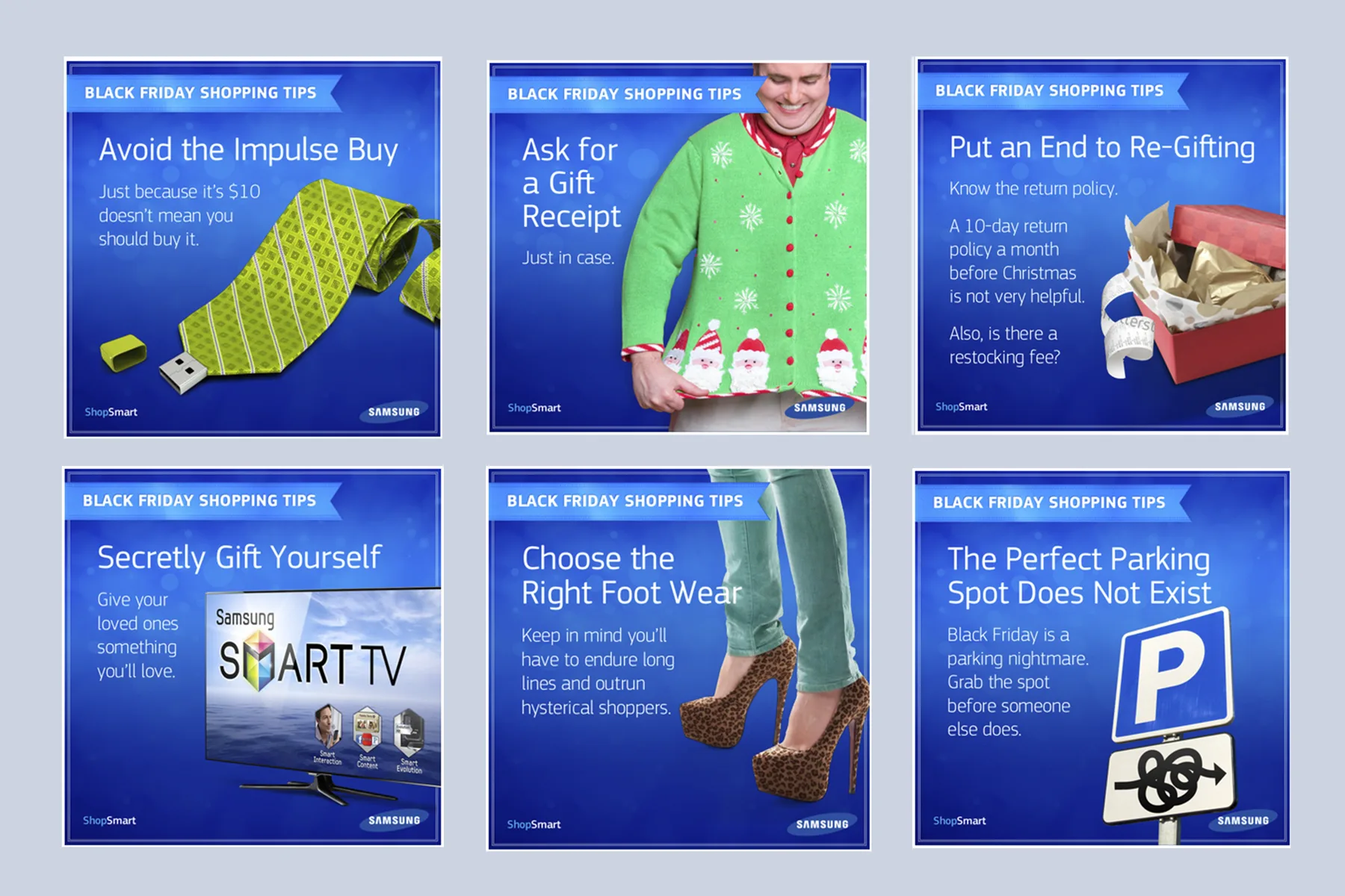 Six Black Friday Shopping Tips social posts, including Avoid the Impulse Buy and Ask for a Gift Receipt