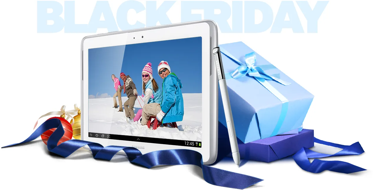 Black Friday hero with a Galaxy Note tablet, stylus, and wrapped gifts