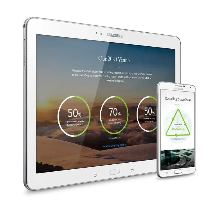 Our 2020 Vision page on a tablet with sustainability goals, and Recycling Made Easy on a phone