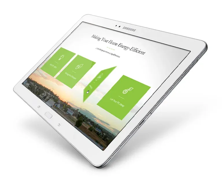 Making Your Home Energy-Efficient page on a tablet with interactive green tip cards