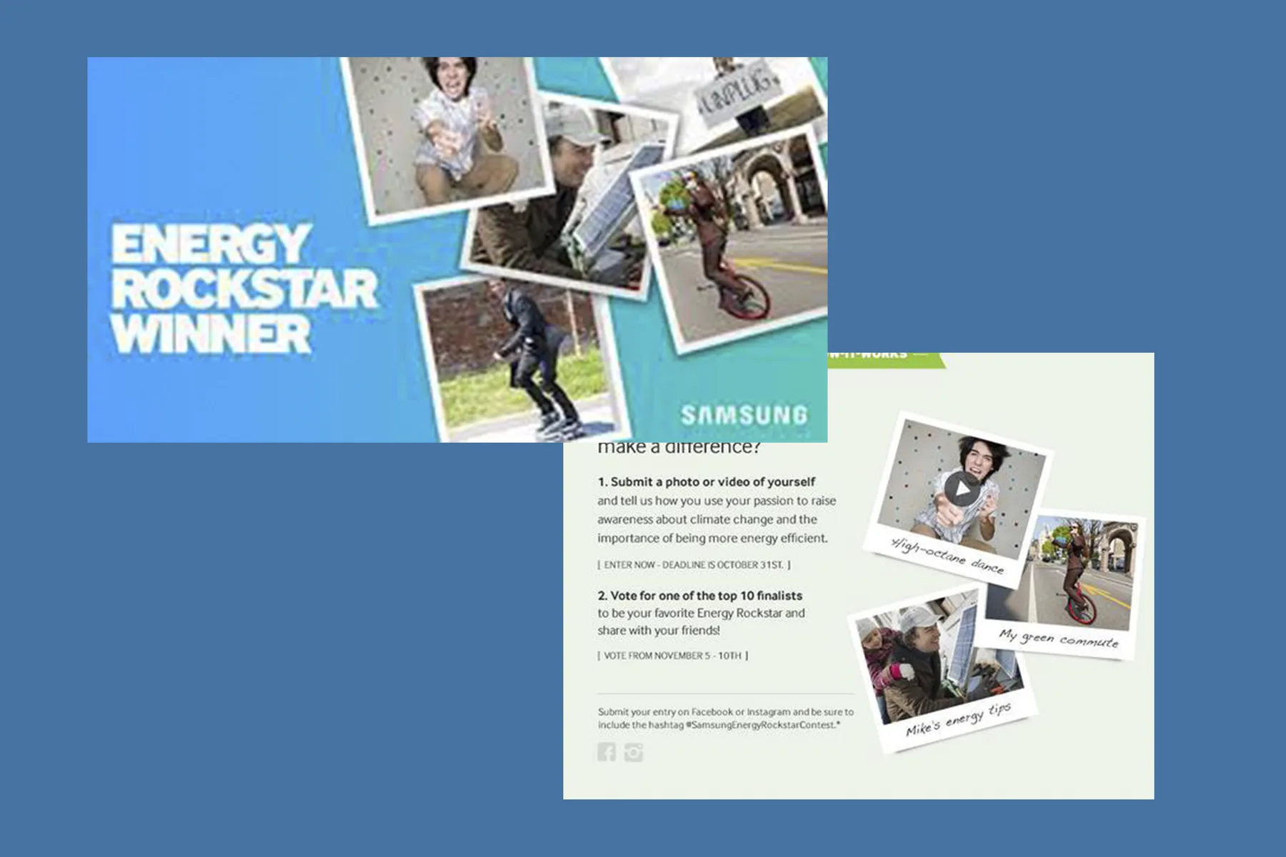 Energy Rockstar Winner banner and the contest’s how-it-works page with entrant photos